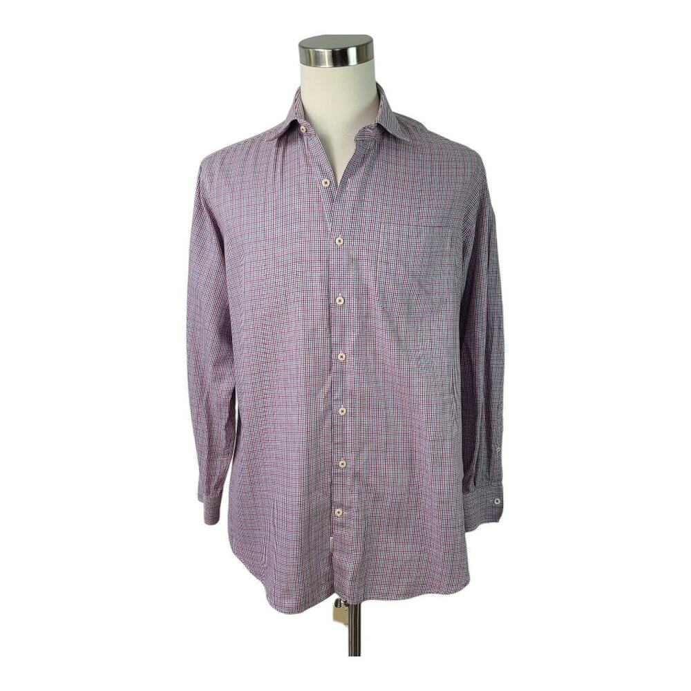 Peter Millar Red White Blue Houndstooth Check Long Sleeve Shirt Button Down XL